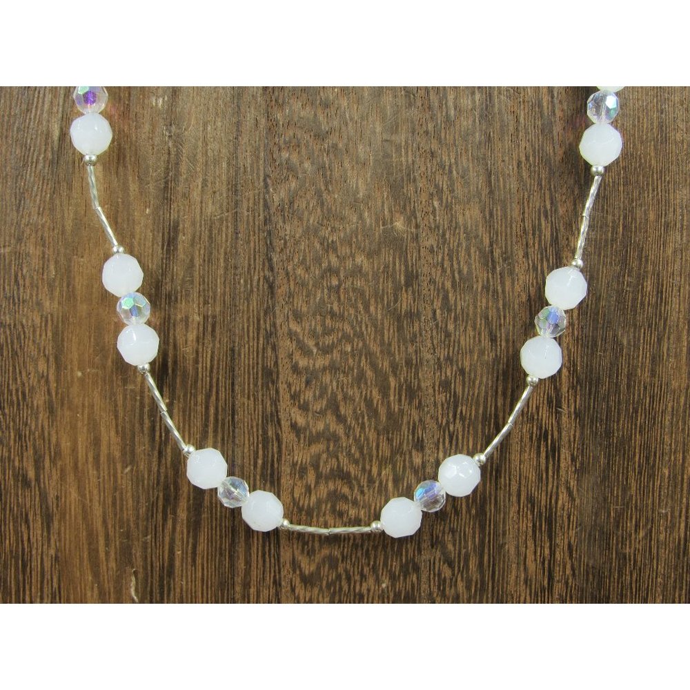 20 Inch Sterling Silver Rustic Faux Light Tone Crystals Necklace